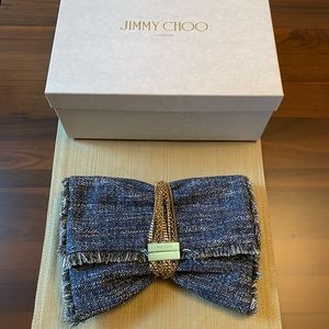 Jimmy Choo Chandram Metallic Tweed Clutch Purse Gold Chain Strap